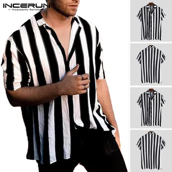 

INCERUN 2020 Striped Casual Shirt Men Short Sleeve Button Up Loose Lapel Neck Tops Breathable Brand Shirts Men Streetwear Camisa