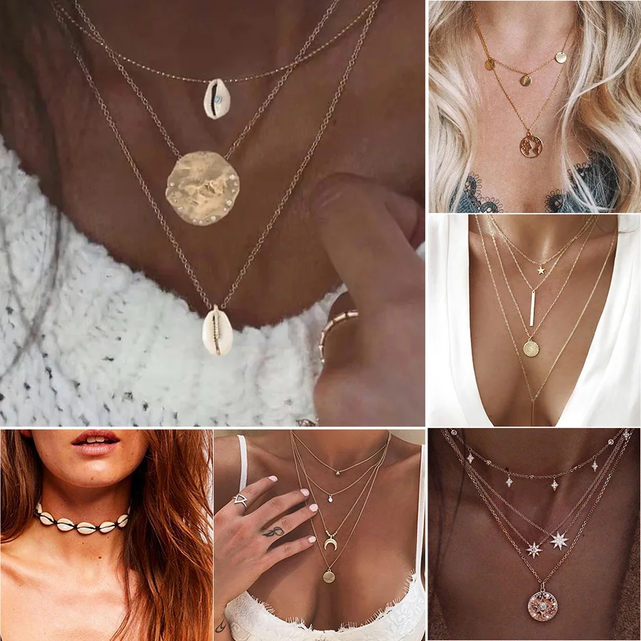 

20 Styles Boho Necklace for Women Gold Chains Shell Map Moon Pendant Bohemian Layered Choker 2019 Collares Mujer Vintage Jewelry