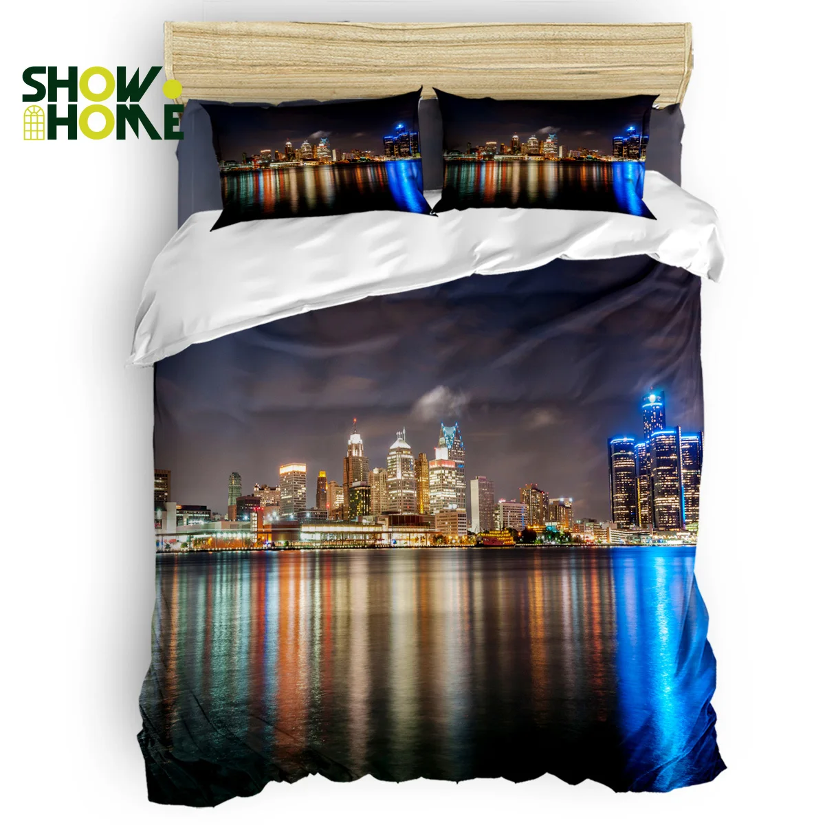 

SHOWHOME Duvet Cover Set Nightscape of American Cities Duvet Cover 4 Piece Bedding Set