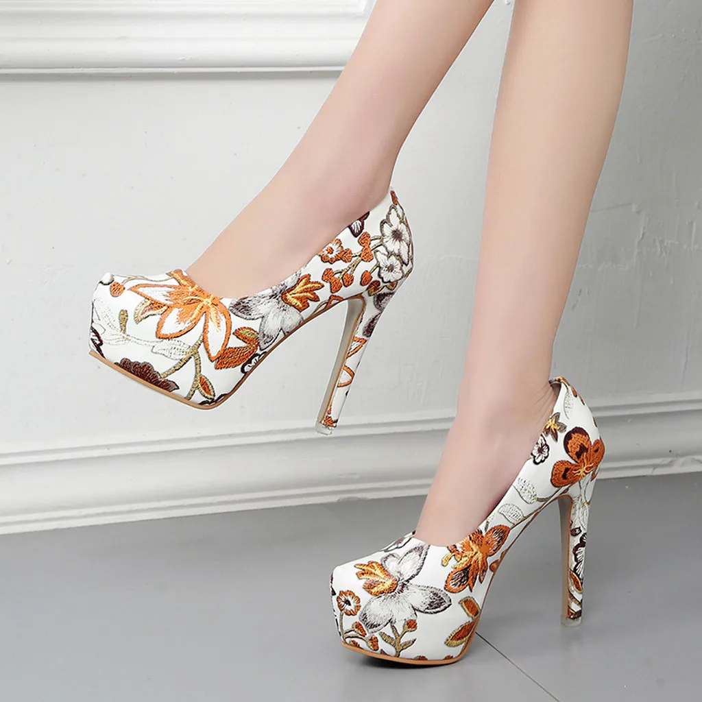 

YOUYEDIAN 2019 floarl sexy high heels sandals Women's Ladies Flower Graffiti Super High Heels Playforms Sandals Roman Shoes#g4