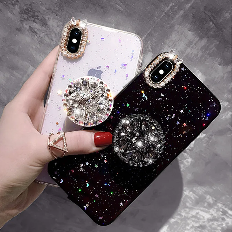 

Luxury Bling Diamond Bracket Epoxy Stars Moon Soft TPU Case Cover For iPhone X XS MAX XR 6 6S PLUS 7 8 PLUS Case Capa Kickstand