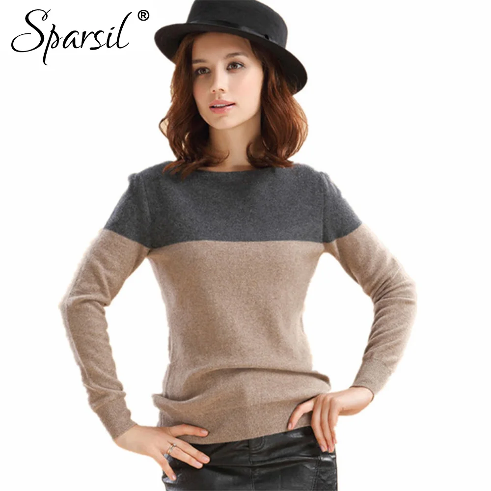 

Sparsil Women Autumn&Winter Cashmere Blend Sweater Patchwork Pullovers O-Neck Knitted Soft Warm Pullover Female High Qaultiy