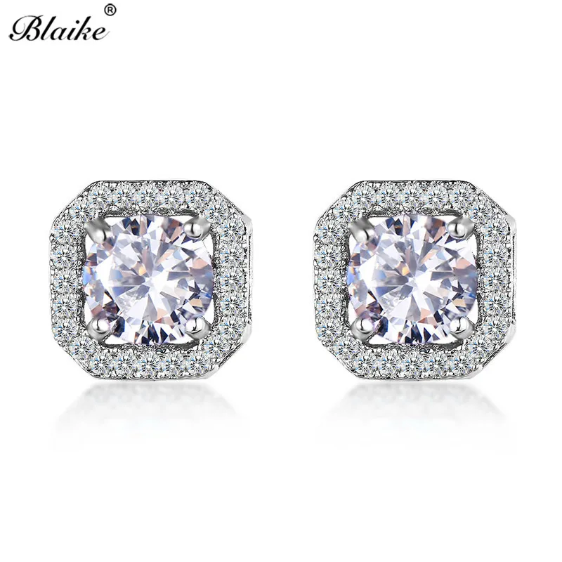 

Blaike White/Blue/Red Round Zircon Square Cut Stud Earrings For Women 925 Sterling Silver Filled Multicolor Birthstone Earrings