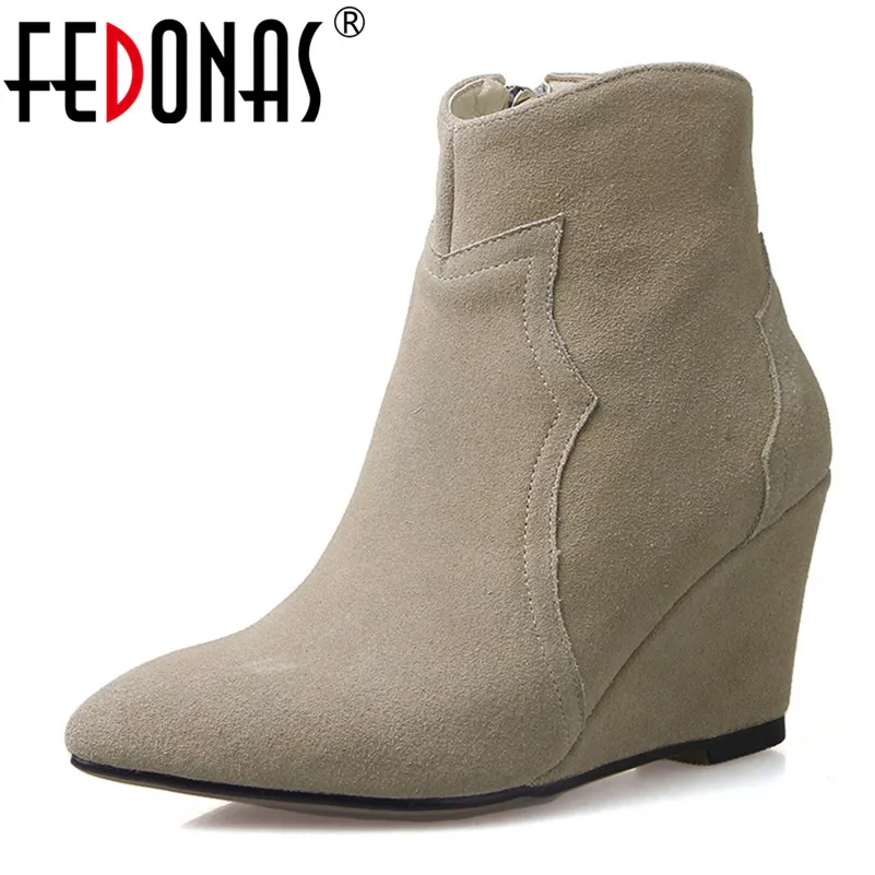 

FEDONAS 2018 New Women Basic Boots Sexy Pointed Toe Ankle Boots Zipper Wedges High Heeled Ladies Shoes Comfort Office Pumps