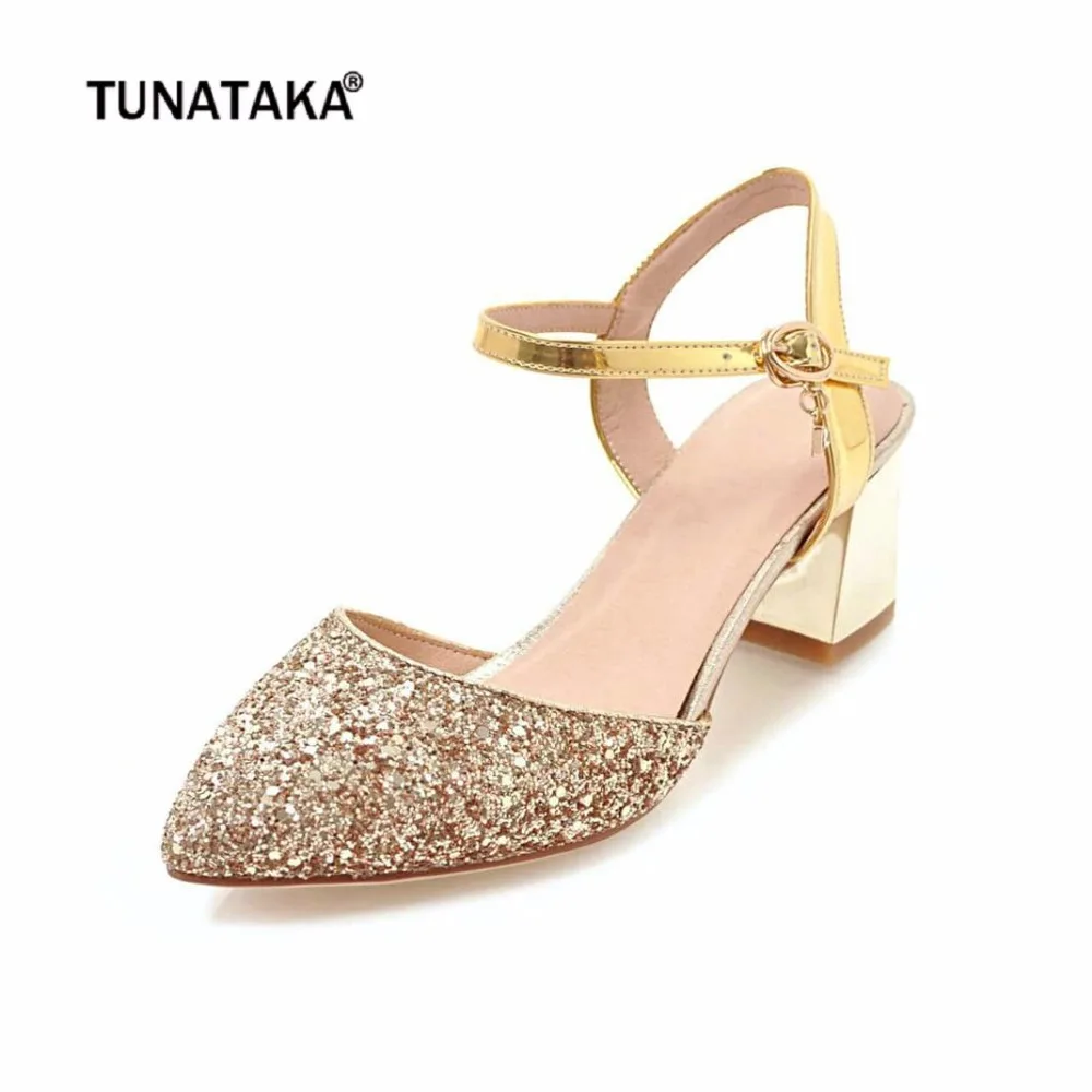

Fashion Gold Silver Sequined Cloth Med Heel Sandals Buckle Thick Heel Party Dress Women Shoes