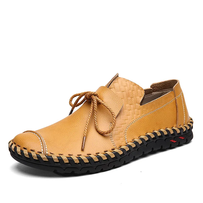 Кожаная обувь ручной работы; Мужская дышащая обувь; Повседневная Брендовая обувь на шнуровке; Новинка; цвет коричневый, черный, желтый - Цвет: Yellow