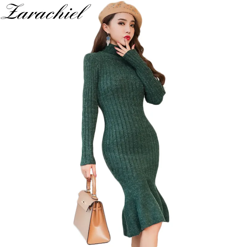 Zarachiel водолазка длинный трикотажный свитер платье 2019 зима для женщин высокое