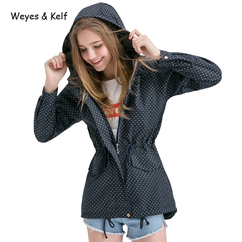 

Weyes & Kelf Polka Dot Slim Bomber Jacket Women 2018 autumn hooded long coat women Blue Outerwear Womens