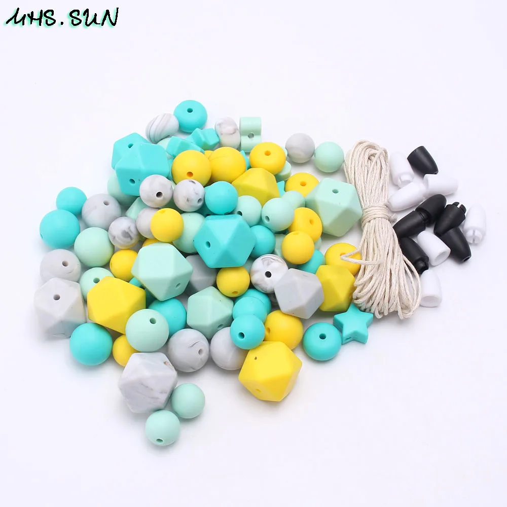 KT007 (5),$22.9.Kids Baby Heart Teething Silicone Beads Set Hexagon Chewable Teether Kits Accessories DIY Make Necklace Pacifier Clips JPG