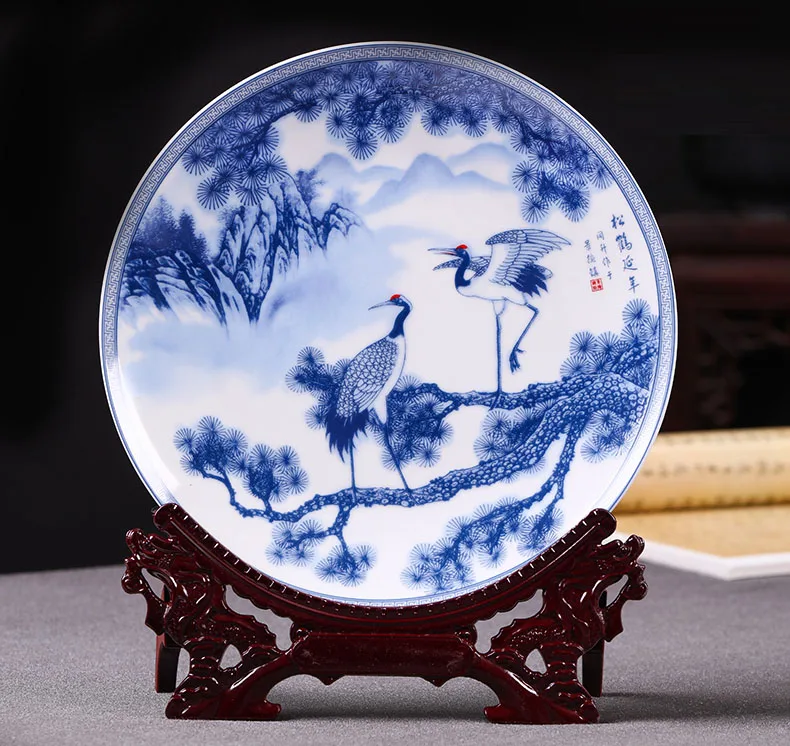 Цзиндэчжэнь фарфоровая подвесная тарелка синий и белый сосновый кран декоративная тарелка для гостиной домашнее украшение ручной работы