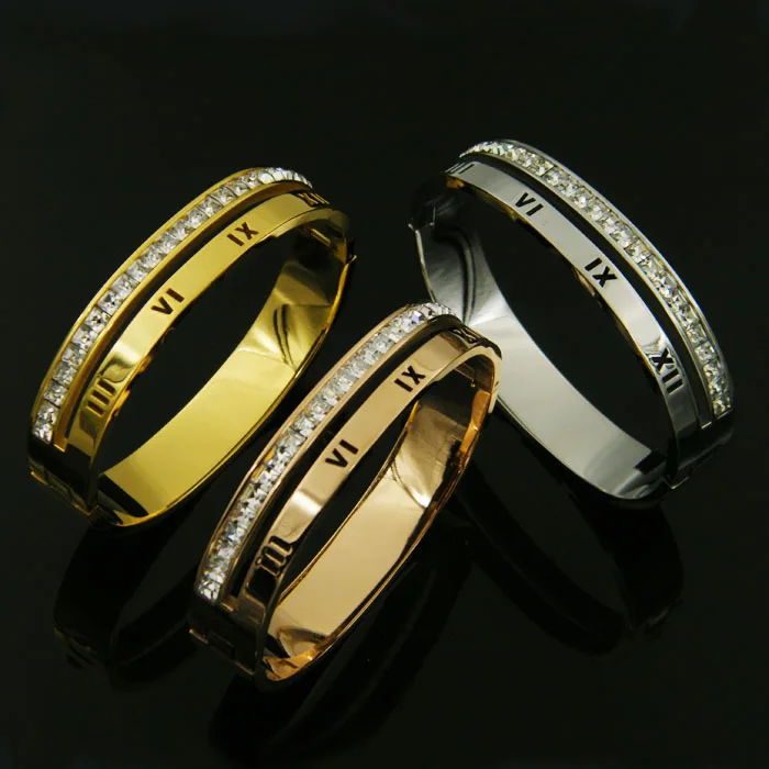 

2018 New Luxury stainless steel roman numeral square cz stone Men Women wide bands bangle bracelet party wedding jewelry