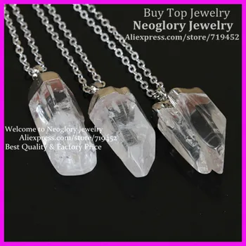 

5pcs Nature White Crystal Quartz Point Pendant with silver Brass Chain Silver Plated Foil Top/Bail Druzy Quartz Pendant Necklace