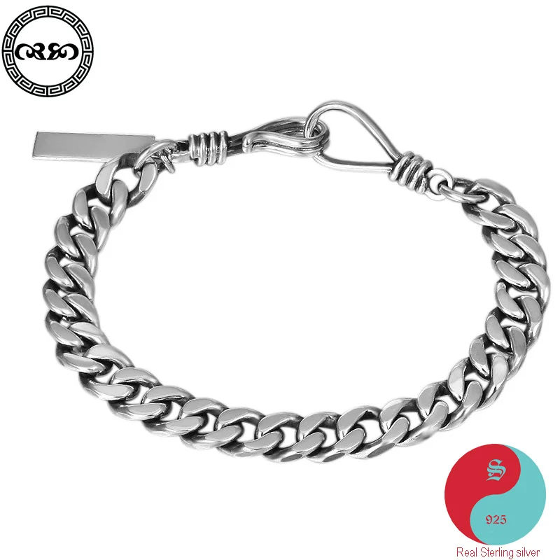 

Retro Men lucky Real Pure S925 sterling silver minimalist letter round tag charm men's bracelet Fine Jewelry