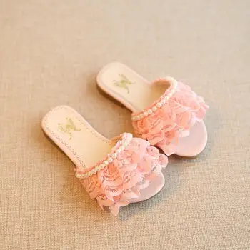

2019 New Summer Girls Sandals Children's Shoes For Girls Lace With Pearl Beading Princess Sweet Kids Beach Slides Slippers Shoes