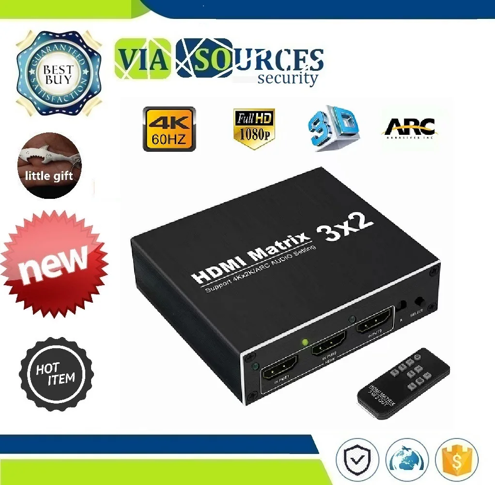 

Optical TOSLINK&R/L 3.5mm Audio Extractor Supports ARC And HDMI Matrix 3X2 Hdmi Splitter 4K 60Hz HDCP1.4 Ultra HD 1080P