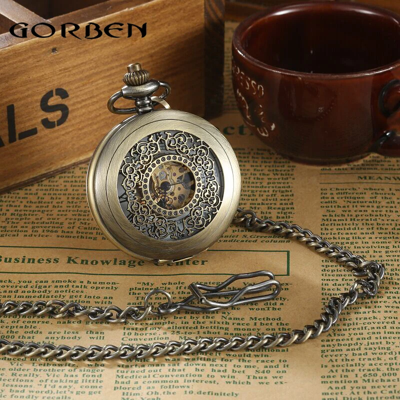 

2016 Vintage Hollow Carving Analog Steampunk Mechanical Pocket Watch Roman Num Waist Chain 2 Sides Mechanical Men's Watch P399