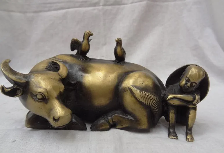 

Chinese Bronze Animals Sculpture Fly Bird On Bull Ox Sleep Child Cowboy Statue free shipping