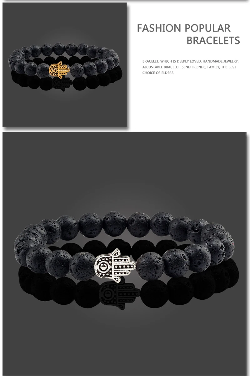 Hot Sale Alloy Hand Black Lava Beads Bracelet Natural Stone Volcanic Prayer Charm Bracelets Women Men Jewelry Femme Homme Gifts