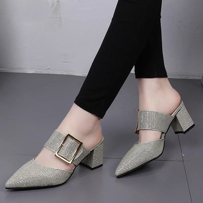 

TOP Graceful Women Female Fashion Casual Belt Buckle Pointed Toe Half Slides Sandals High Chunky Heels Slippers Mules Shoes A455