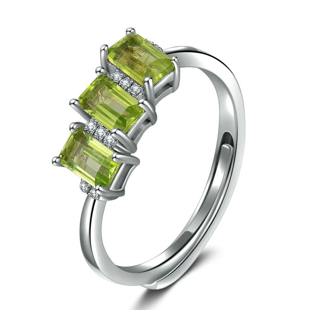 

Trendy Three Natural Peridot 925 Silver CZ Adjustable Ring