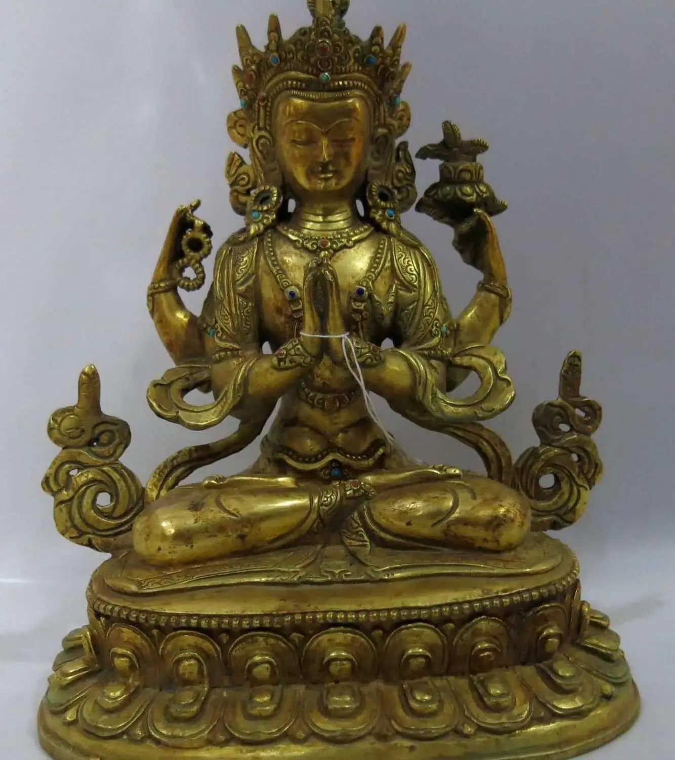

9" China gilt bronze figure buddhism Four armed Kwan-yin buddha Sculpture Statue