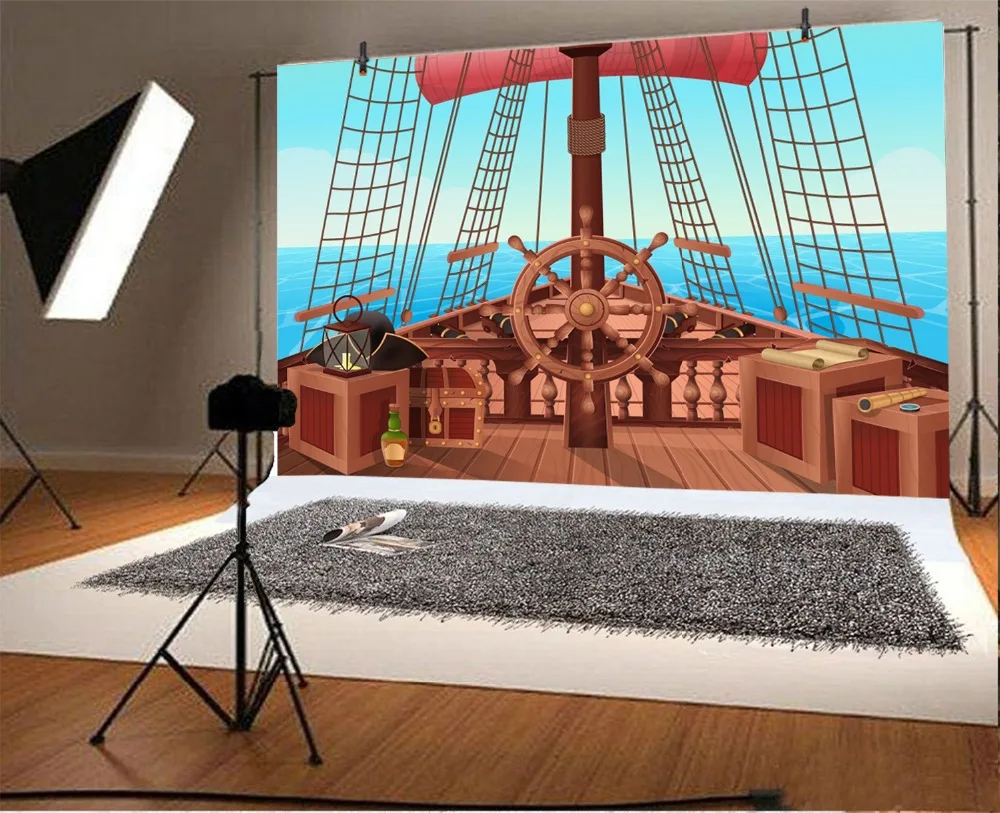 Пиратский Корабль Лодка Навигация деревянная коробка голубое море ребенок день рождения Мультфильм фотографии фоны фотосессия Фотостудия