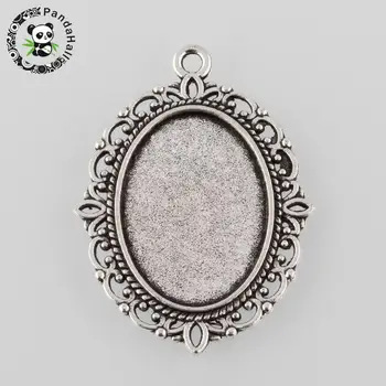 

Tibetan Style Antique Silver Color Alloy Flat Oval Pendant Cabochon Settings, Tray: 25x18mm; 40x30x2mm, Hole: 2mm