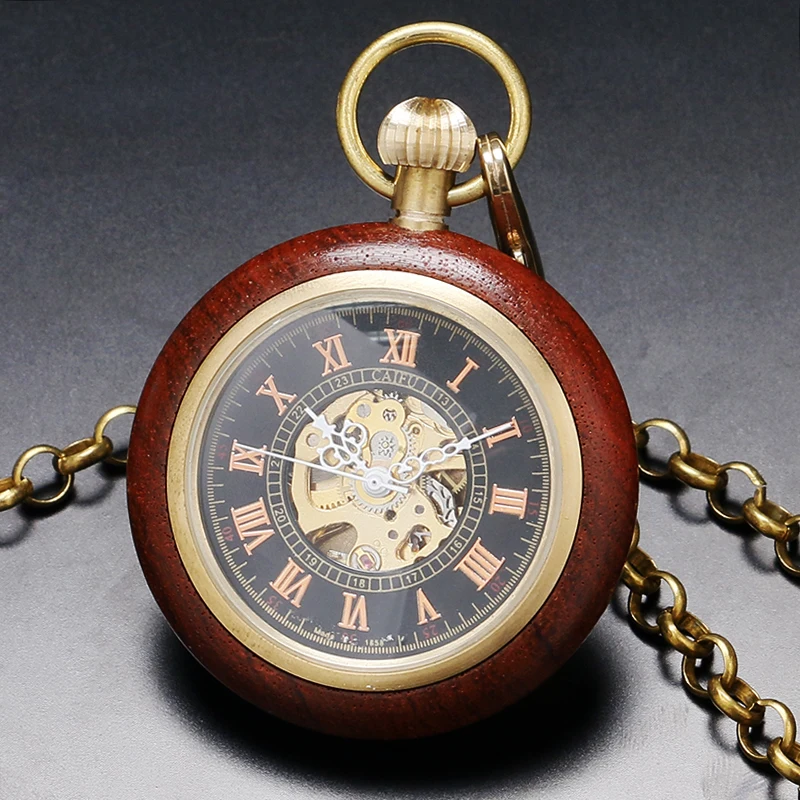 

2016 New Fashion Retro Wooden Case Roman Number Dial Mechanical Pocket Watch With Chain