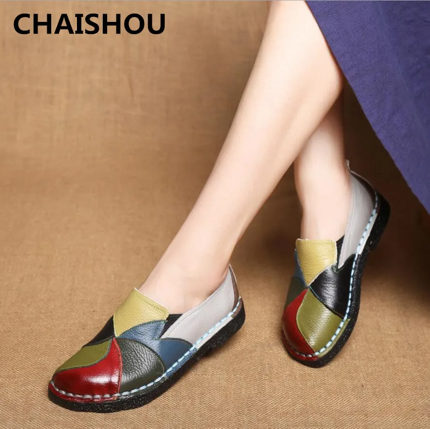 

CHAISHOU 2019 Women Ladies Female Shoes Flats Mother Shoes Cow Genuine Leather Loafers Colorful Non Slip On plus size 35-42