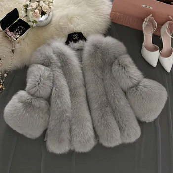 

2018 New Fashion fur coat Women Autumn and Winter Clothes imitation fox fur Overcoat warm mosaic coat Long Faux Fur Coat