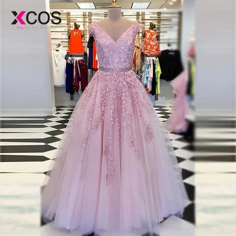

XCOS Gorgeous Ball Gown V-neck Sleeveless Pink Lace Long Formal Dress Women Long Prom Dresses 2018 Robe de Soiree