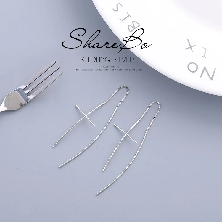 Дизайн длинные ювелирные изделия 925 пробы серебряные серьги в виде креста длинные серьги для женщин Brincos