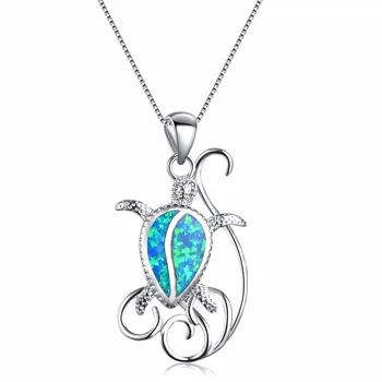 

Fashion Beautiful Women Silver Color Charm Pendant Necklaces Blue/White Fire Opal Turtles Collar Necklaces Jewelry