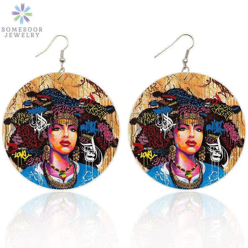 

SOMESOOR Black Queen Graffiti African Wooden Drop Earrings With Postive Words Afro Natural Hair Dangle Jewelry For Women Gifts