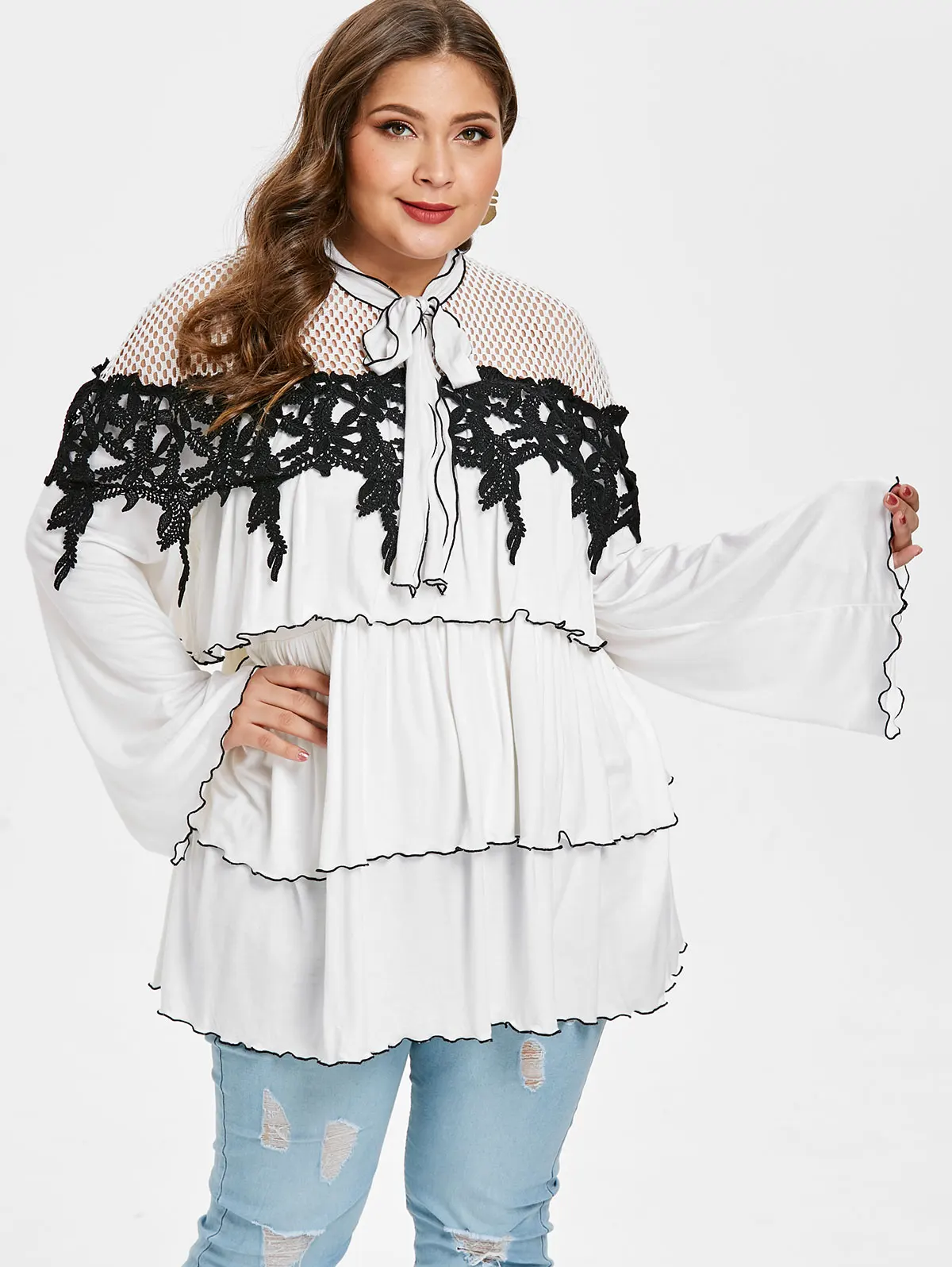 

Wipalo Women Plus Size Flare Sleeve Bow Tie Collar Tiered Blouse Casual Solid Appliques Famale Blouse Shirt 5XL Blusas Top