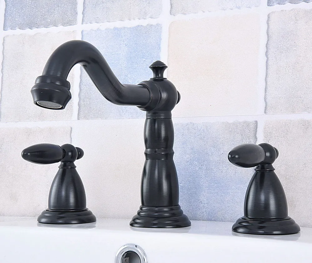 

Oil Rubbed Bronze Double Handle Basin Faucet Deck Mounted Bathroom Tub Sink Mixer Taps Widespread 3 Holes zsf533