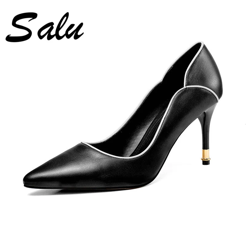 

Salu 2019 new High Heels Shoes Woman Summer Genuine Leather Heel Black Gradient Pointed Toe Patent Leather Fall Pumps