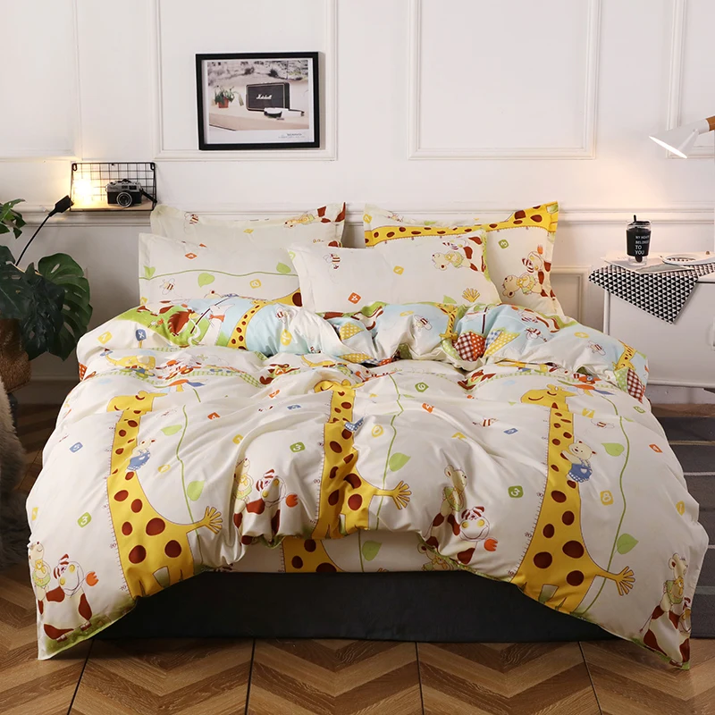 

Yellow Giraffe Pattern 4Pcs Bedding Set King Size Bed Linens Reactive Printing Duvet Cover Set Pastoral Style Home Bed Sheet Set