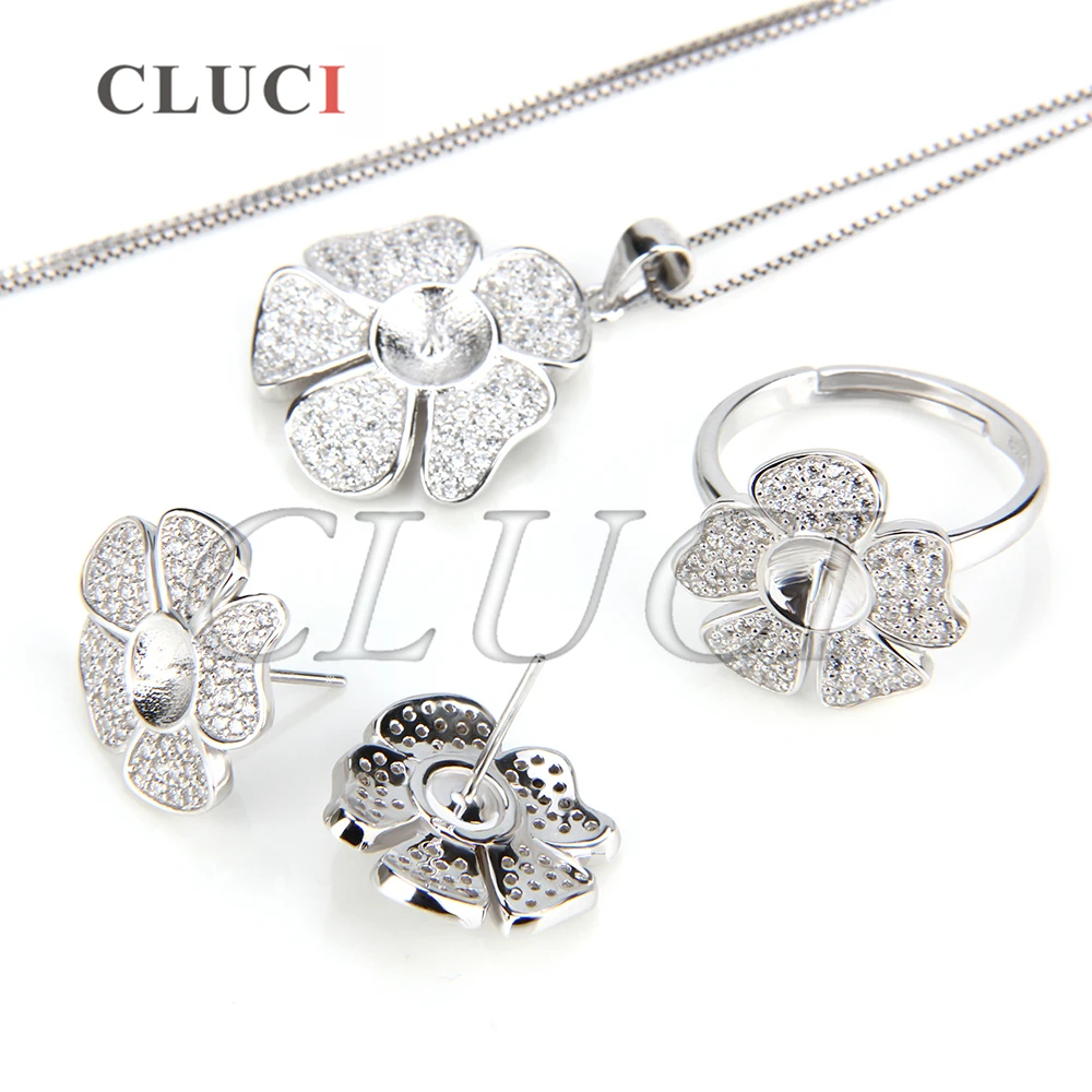 

CLUCI Beautiful Flower shape 925 sterling silver set fittings, pendant fitting, ring fitting and 1 pair of earring fittings