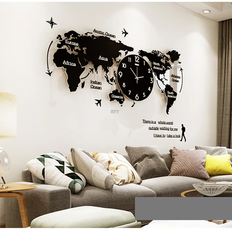 Large 3D World Map Wall Clocks Modern Design Glow In Dark Hanging Silent Wall Clocks Mute Acrylic Unique Wall Clocks