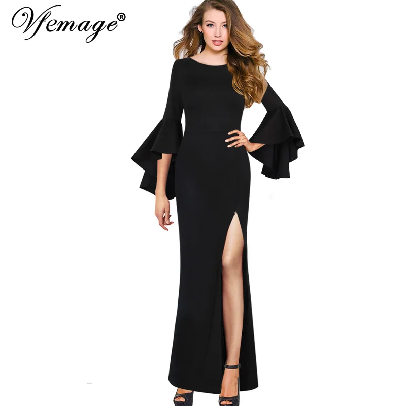 

Vfemage Women Elegant Ruffle Long Flare Bell Sleeve High Slit Formal Evening Party Special Occasion Bodycon Maxi Long Dress 9019