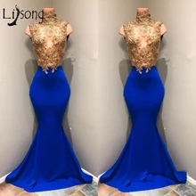 Платье с юбкой годе Королевского синего цвета, платья для выпускного вечера золотистые кружевные аппликации длинное платье для выпускного, сексуальное вечернее платье, эластичное vestido de festa Longo