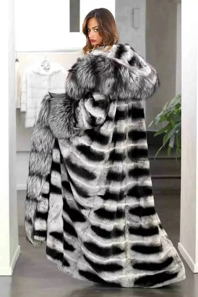Новая мода Шиншилла рекс мех кролика пальто для женщин натуральный мех пальто X-long куртки теплые толстые пальто - Цвет: with hood