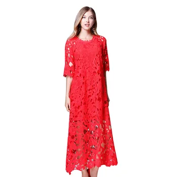 

L-5XL Plus Size Lace Long Dress Hollow Out Crochet Elegant Party Dress Beautiful RED dress Temperament Vestidos festival