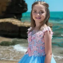 Новинка года; синие платья для девочек, держащих букет невесты на свадьбе; летнее пляжное Пышное Платье с объемными цветами и рукавами-крылышками для девочек детское платье для выпускного вечера