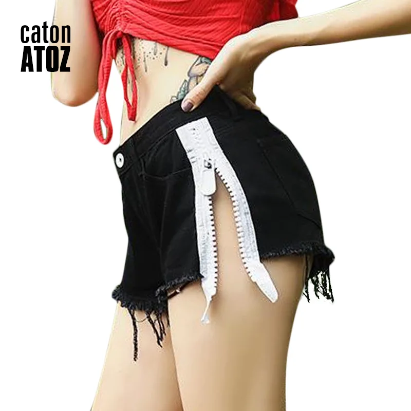 

catonATOZ 2192 Women's Black and white side zipper Shorts Vintage Tassel Ripped Loose High Waist Shorts Punk Sexy Short Jeans
