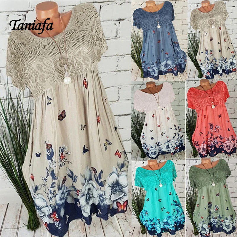 

Summer New Arrival Women Fashion Round Neck Short Sleeve Mini Dress Flowers Printed Lace Splicing Party Ruffled Dresses
