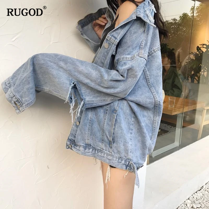 

RUGOD 2021 Spring Vintage Ripped Hole Jean Jacket Women Casual Loose Turn-down Collar Long Sleeve Denim Jacket Casaco Feminino