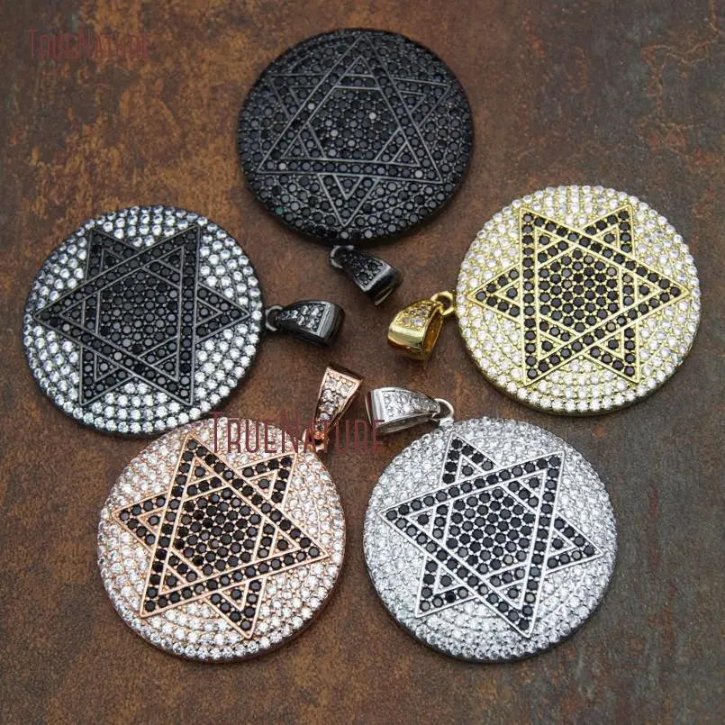 

High Quality Handmade Micro CZ Beads Paved Round Charm David Star Zircon Disk Copper Pendant 37.5 mm PM9187