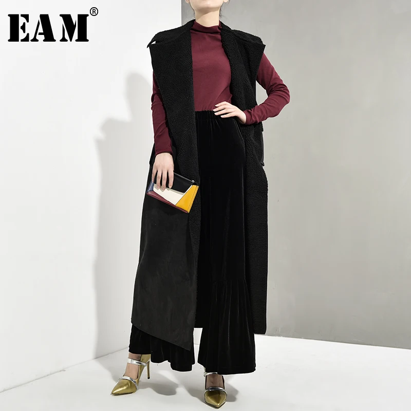 

[EAM] 2019 New Spring Autumn Lapel Sleeveless Imitation Lamb Hair Split Joint Big Size Long Warm Vest Women Fashion OB0860
